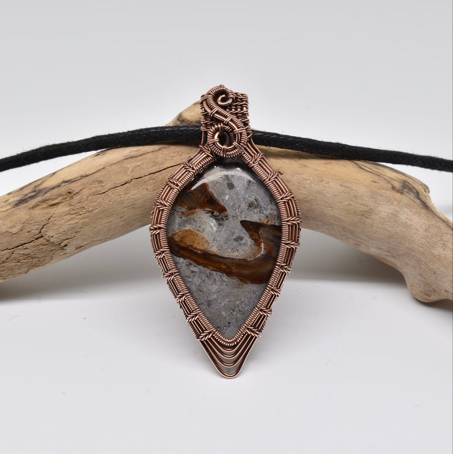 Wire Woven Rock Chalcedony and Copper Unisex Pendant