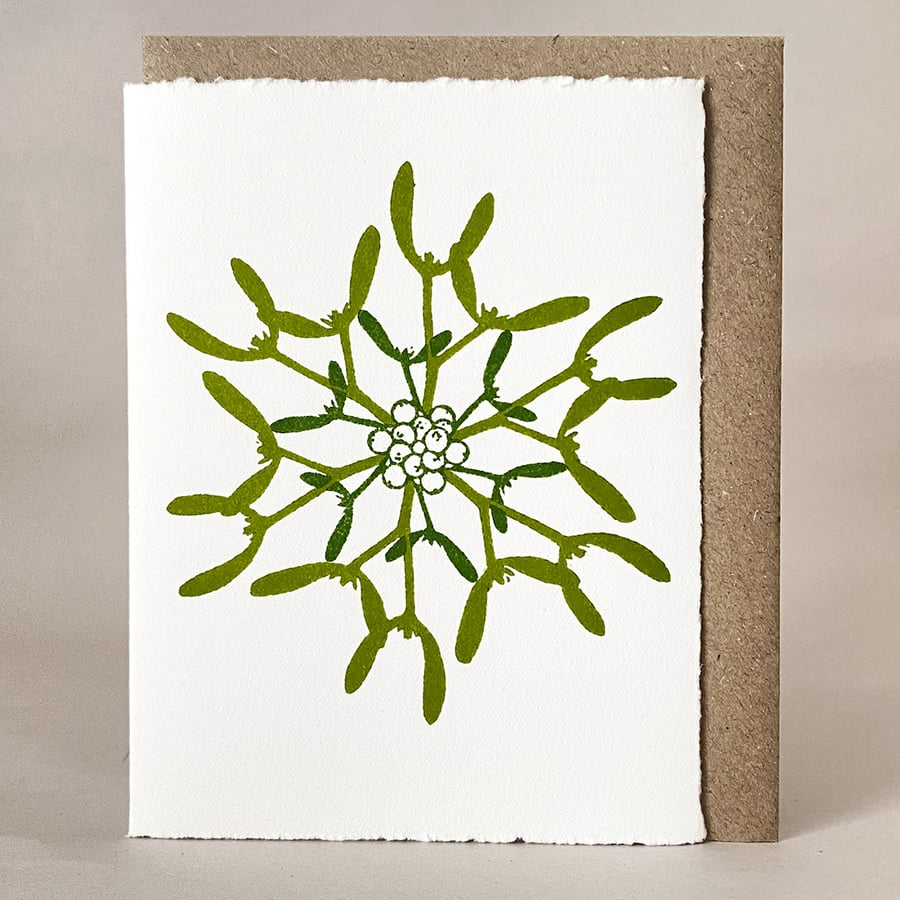 Mistletoe Snowflake Christmas Card - Original Hand Printed Linocut 