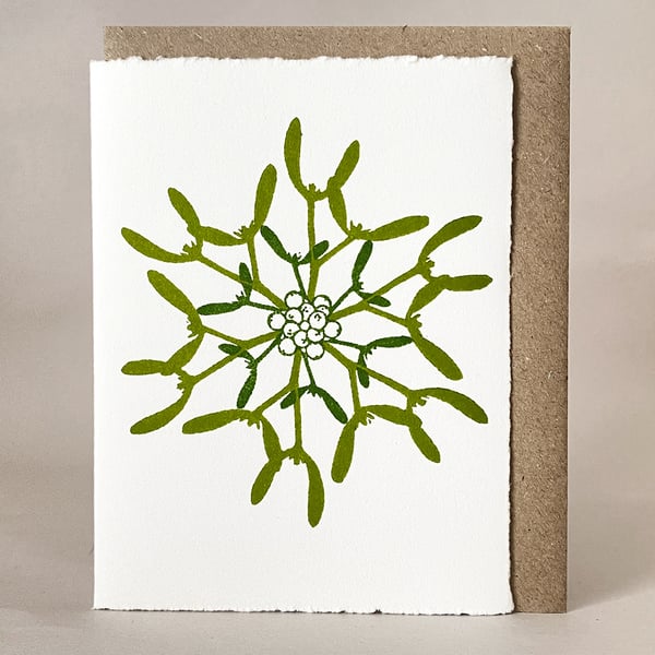 Mistletoe Snowflake Christmas Card - Original Hand Printed Linocut 