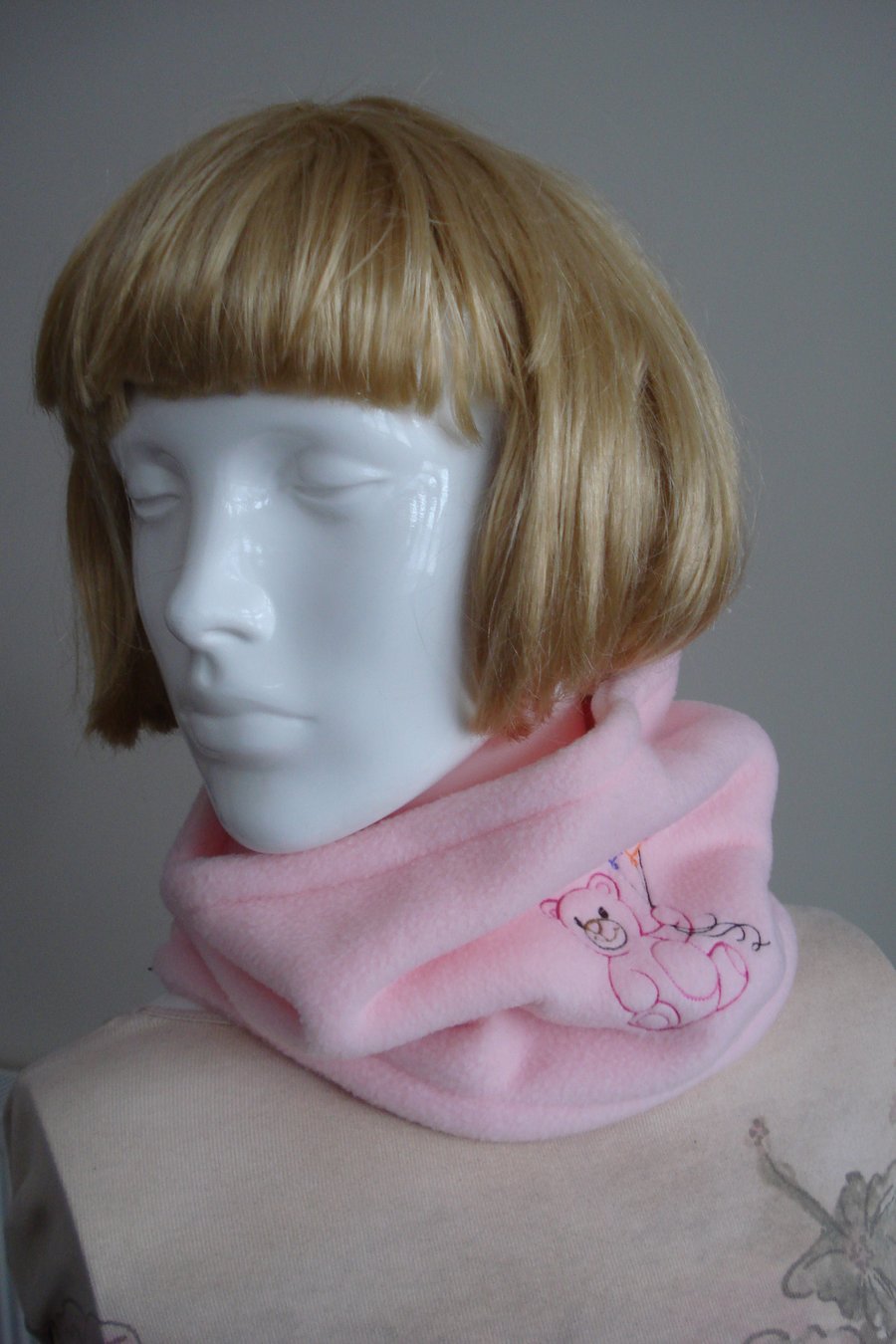 Pink Fleece Embroidered  Cowl or Neck Warmer With Teddy And Balloons (R135)