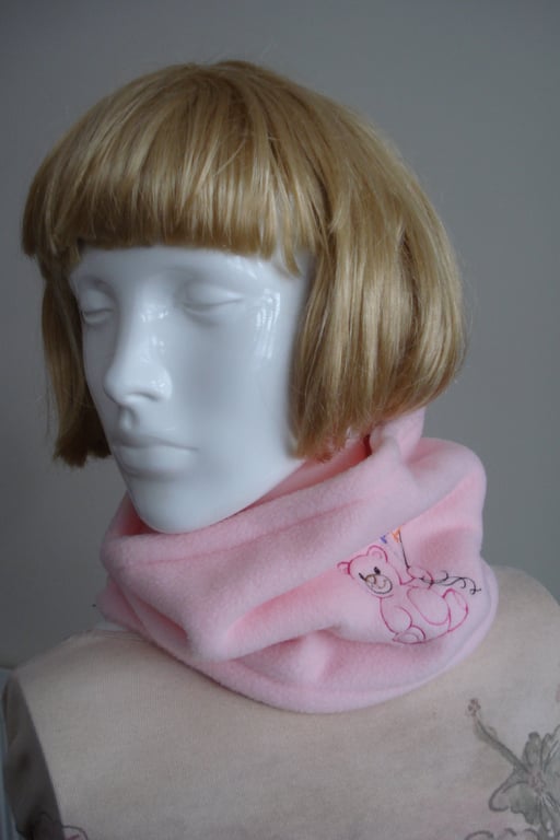 Pink Fleece Embroidered  Cowl or Neck Warmer With Teddy And Balloons (R135)