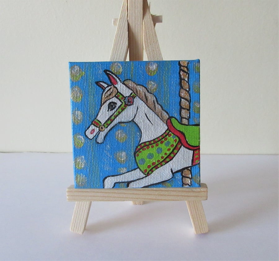 Carousel Horse Miniature Original Acrylic Painting with Easel Letterbox Gift Blu
