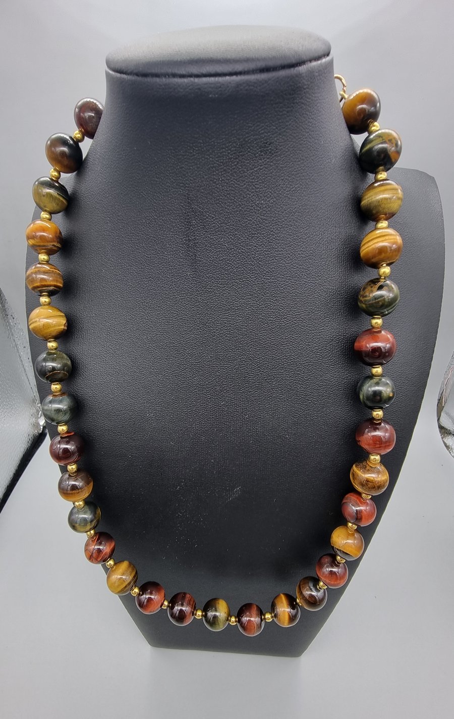 Neckless autumn colours tiger eye stone beads, smooth semi-precious