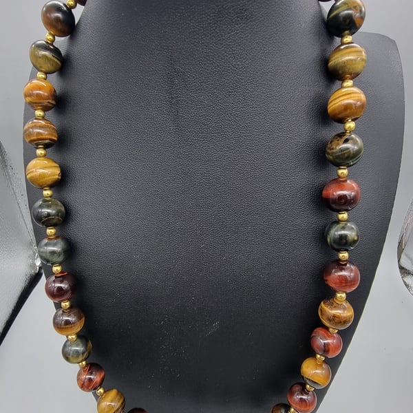Neckless autumn colours tiger eye stone beads, smooth semi-precious