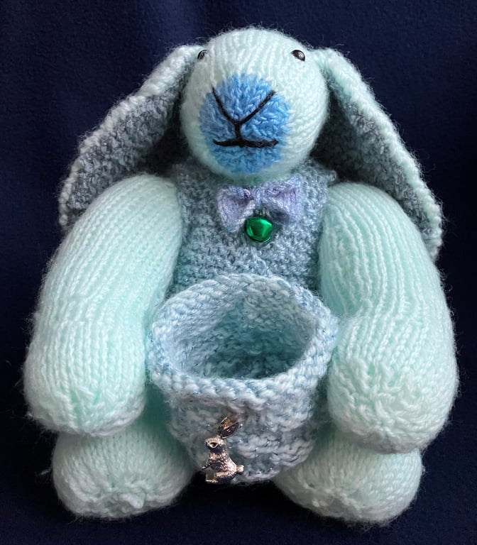 Rabbit with knitted basket keepsake holder – Green - Special Gift