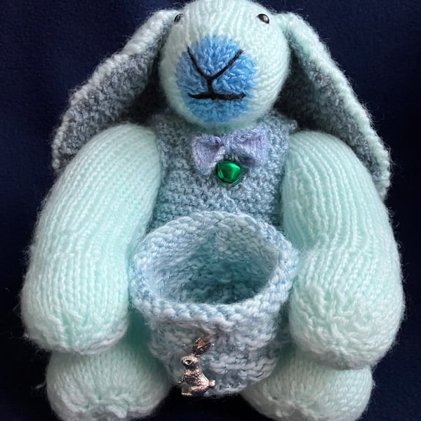 Rabbit with knitted basket keepsake holder – Green - Special Gift