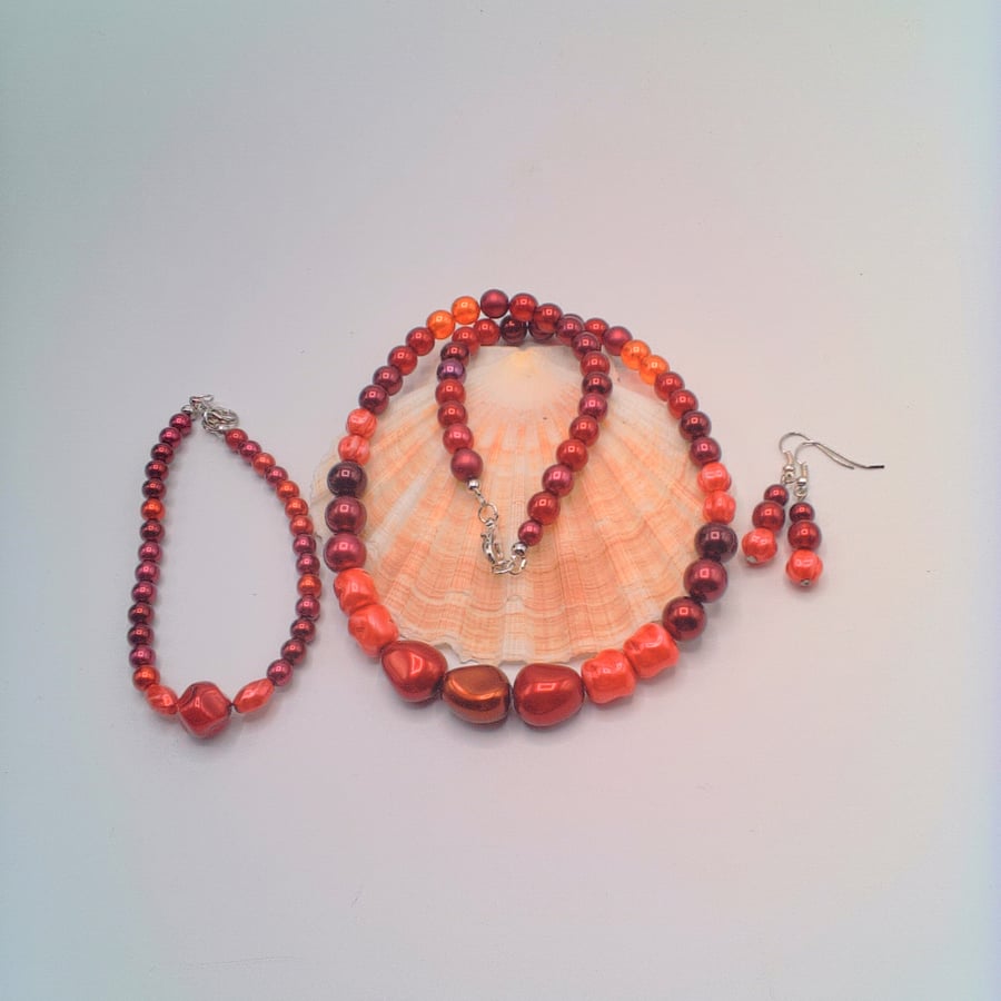 Mixed Strawberry Red Pearl Necklace Bracelet and Earrings, Gift for Her