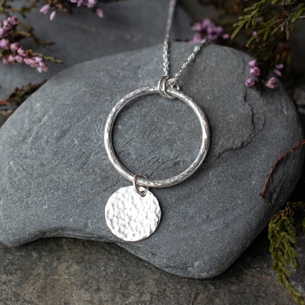 Hammered Silver Circle and Charm Necklace