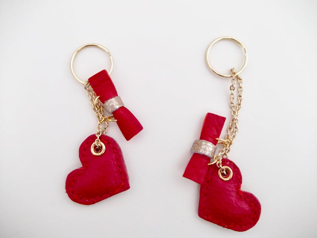 Handmade Red Leather Small Heart and Bow Keyring or Bag Charm