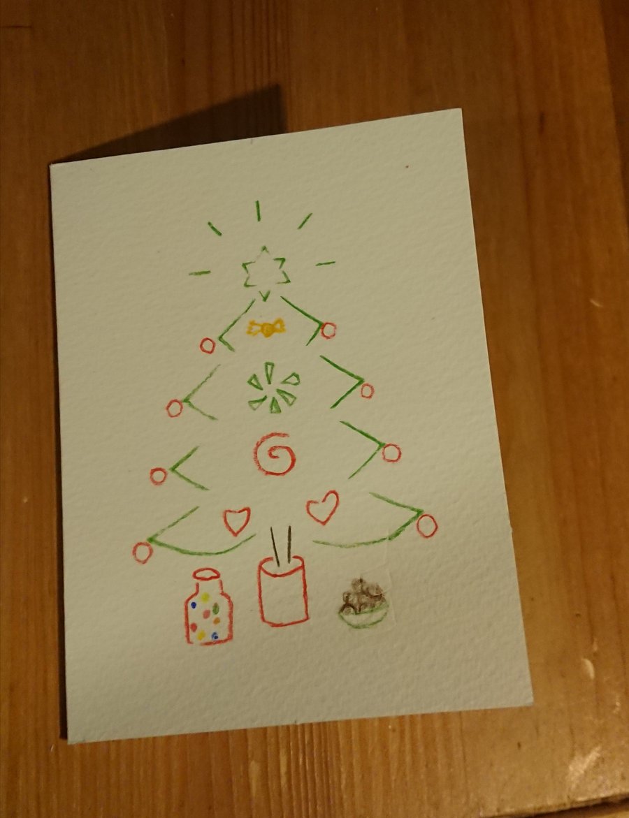 Seconds - Candy Christmas Tree card hand drawn, from handcut stencils