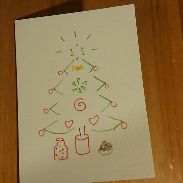 Seconds - Candy Christmas Tree card hand drawn, from handcut stencils