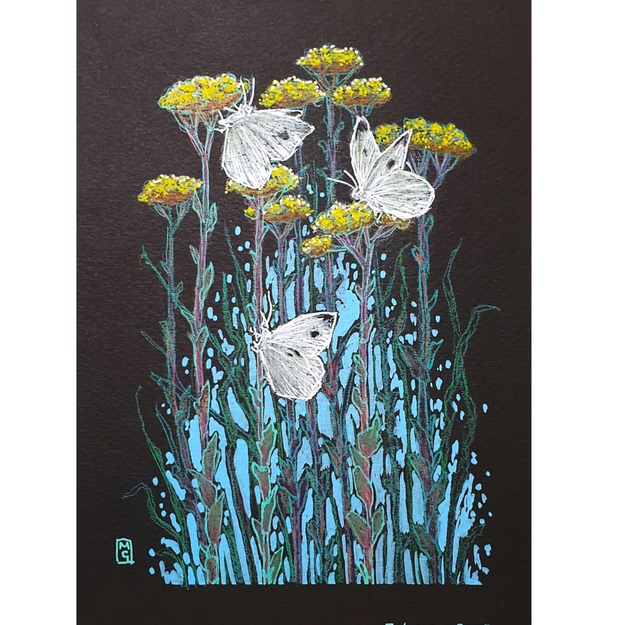 Three Cabbage White Butterflies original wall art, small drawing