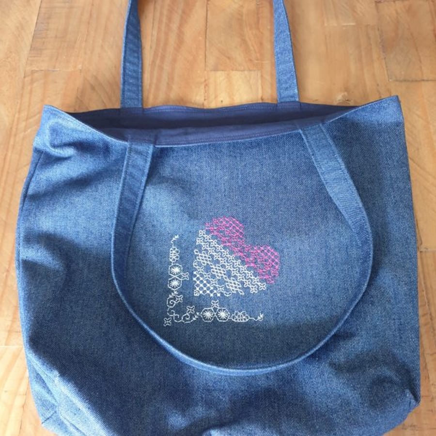 Handmade Reversible Denim Tote Bag - Embroidered Heart