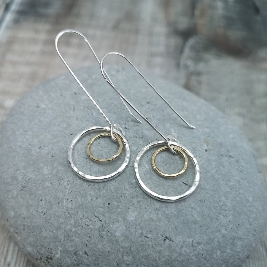 Sterling Silver and Gold Hammered 2 Circle Earrings