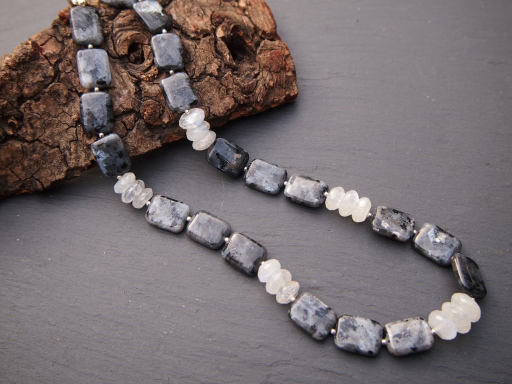"Northern Lights" larvikite and rainbow moonstone necklace
