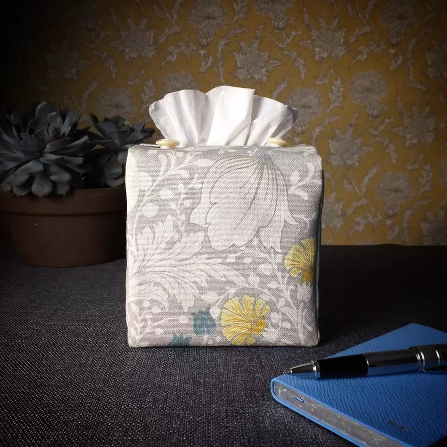 Square Tissue Box Cover - Magnolia White and Grey