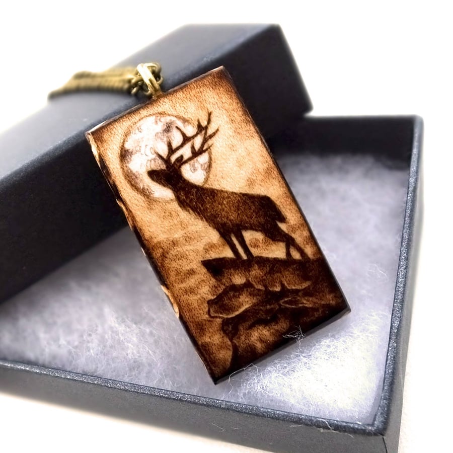 Monarch of the Moors Sycamore Pyrography Stag Pendant Necklace