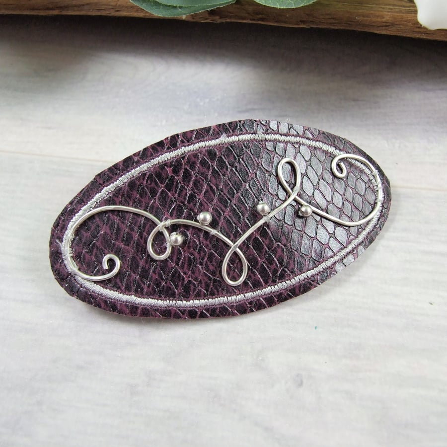 Hair Barrette with Sterling Silver Embellishments. Plum Faux Snake Skin Pattern