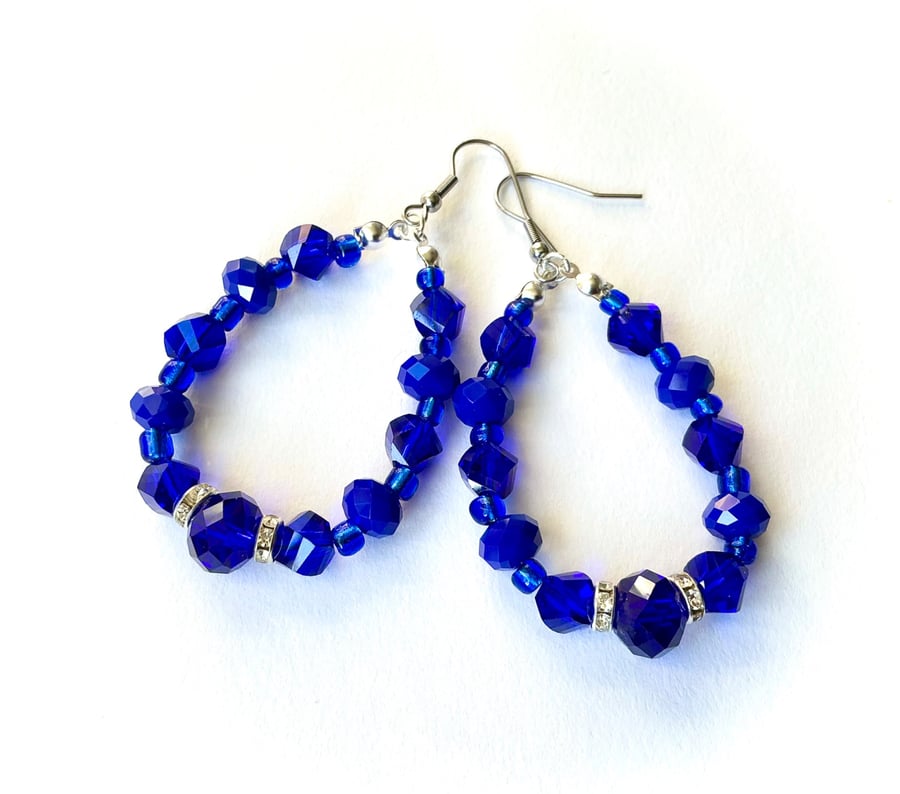 Royal Blue Glass Beaded Hoop Earrings