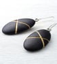 Black pebble earrings, inspired by nature with gold lines and silver earwires - Image 3