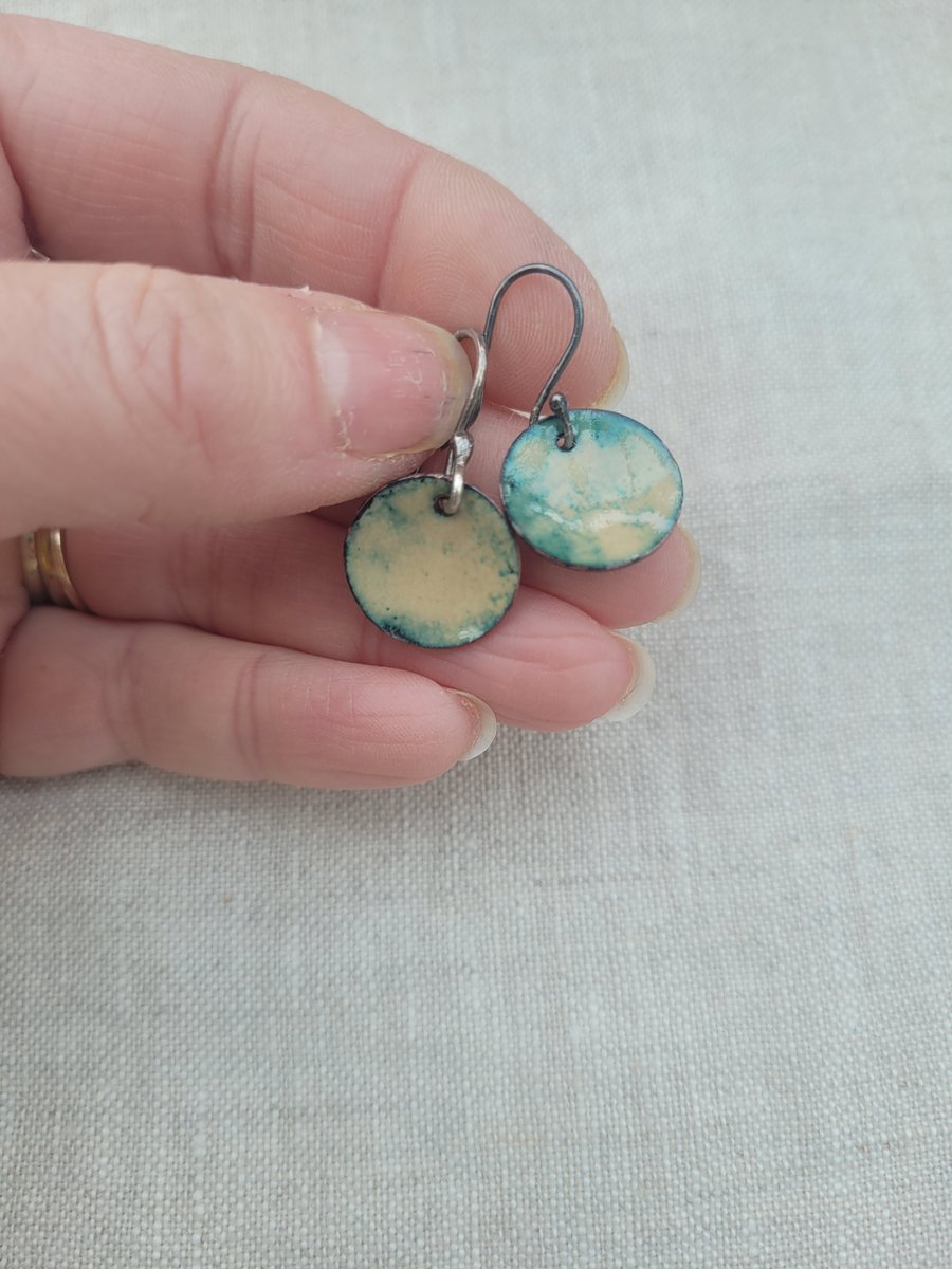 Green, cream and blue enamel bowl earrings seconds sunday