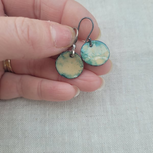 Green, cream and blue enamel bowl earrings seconds sunday