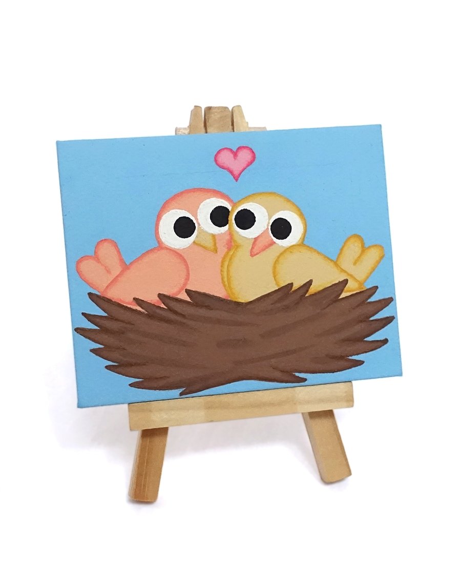 Birds in Love Mini Painting - cute Valentine's gift for bird lovers