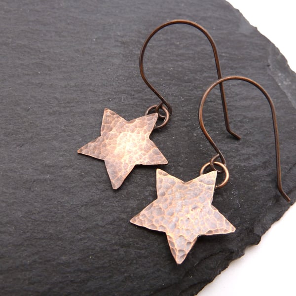 copper earrings, hammered star jewellery
