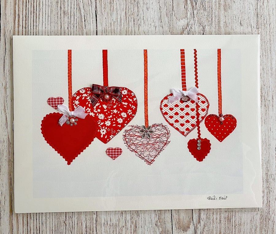 Red Textile Hearts A4 embellished giclee print