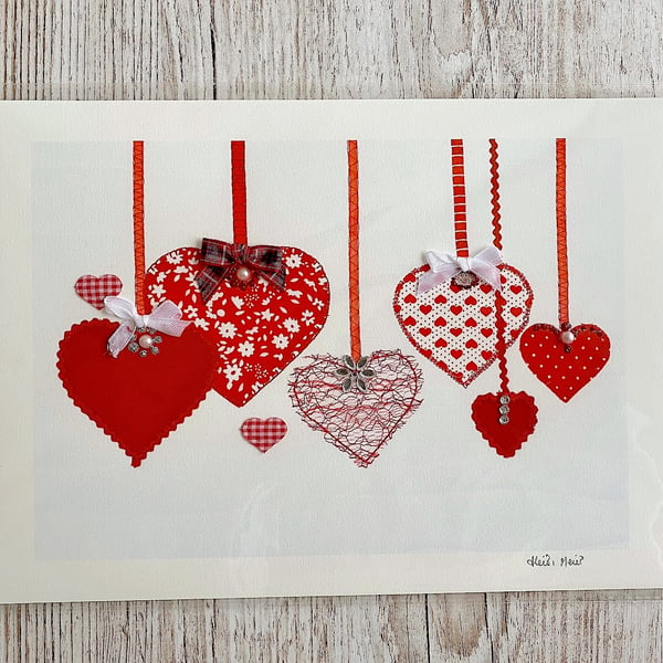 Red Textile Hearts A4 embellished giclee print
