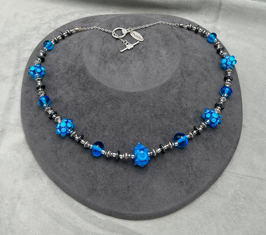 turquoise blue lampwork glass and haematite beaded necklace