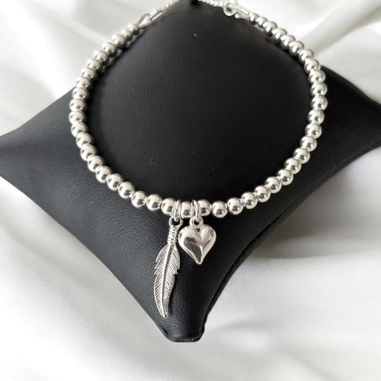 Sterling Silver Feather Heart Charm Bracelet, Adjustable Slider Clasp