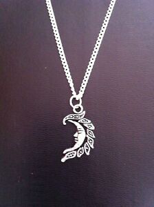 halfmoon pendant necklace silver plated 18" curb chain