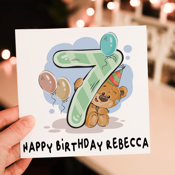 Teddy 7th Birthday Card, Card for 7th Birthday, Birthday Card, Friend Birthday