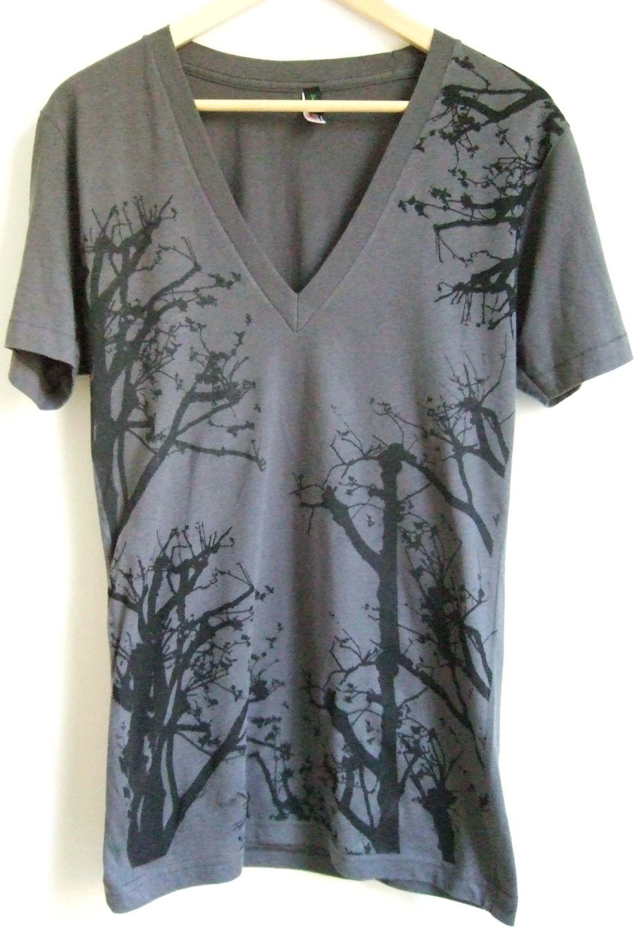 Trees Mens Unisex T shirt Grey Sheer Jersey Short Sleeve Deep V Neck 