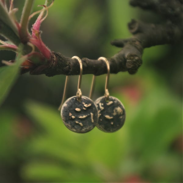 Black Oxidised Silver and Gold Dangle Earrings with gold filled hooks