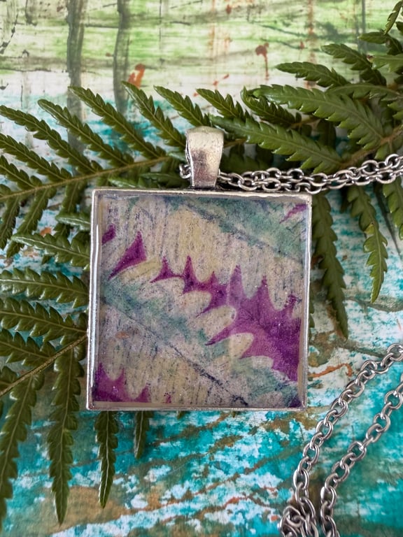 Botanical fern Art Pendant, wearable artwork necklace in blue and purpl