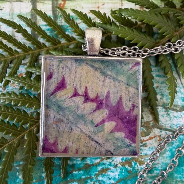 Botanical fern Art Pendant, wearable artwork necklace in blue and purpl