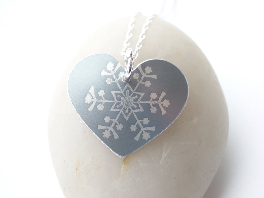 Christmas snowflake heart pendant in silver grey 