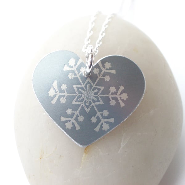 Christmas snowflake heart pendant in silver grey 