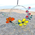 Bright Blooms Wreath - handcrafted stained glass floral wall or window hanging 
