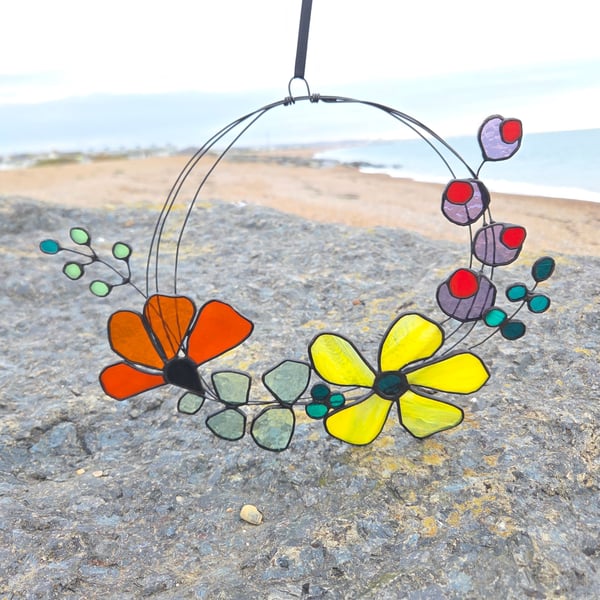 Bright Blooms Wreath - handcrafted stained glass floral wall or window hanging 