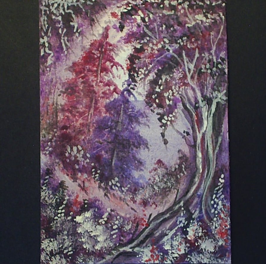 aceo SFA original miniature watercolour painting purple fantasy woodland