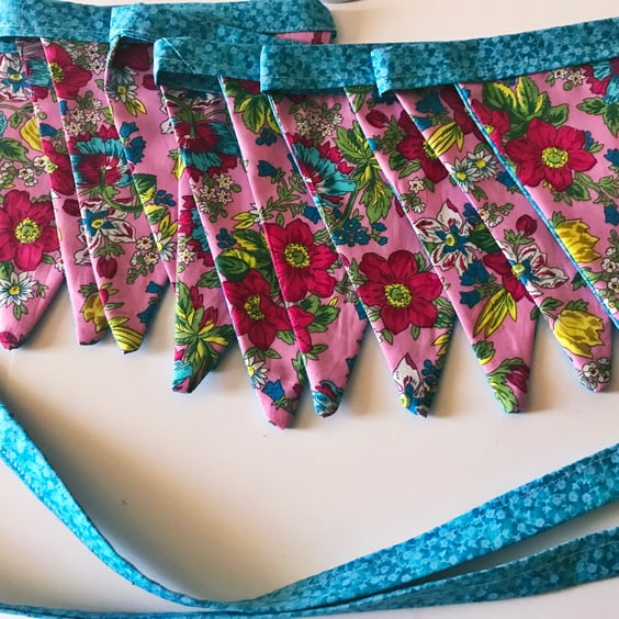 Blue and Pink Floral Cotton Bunting double sided 11 flags, 3 metres