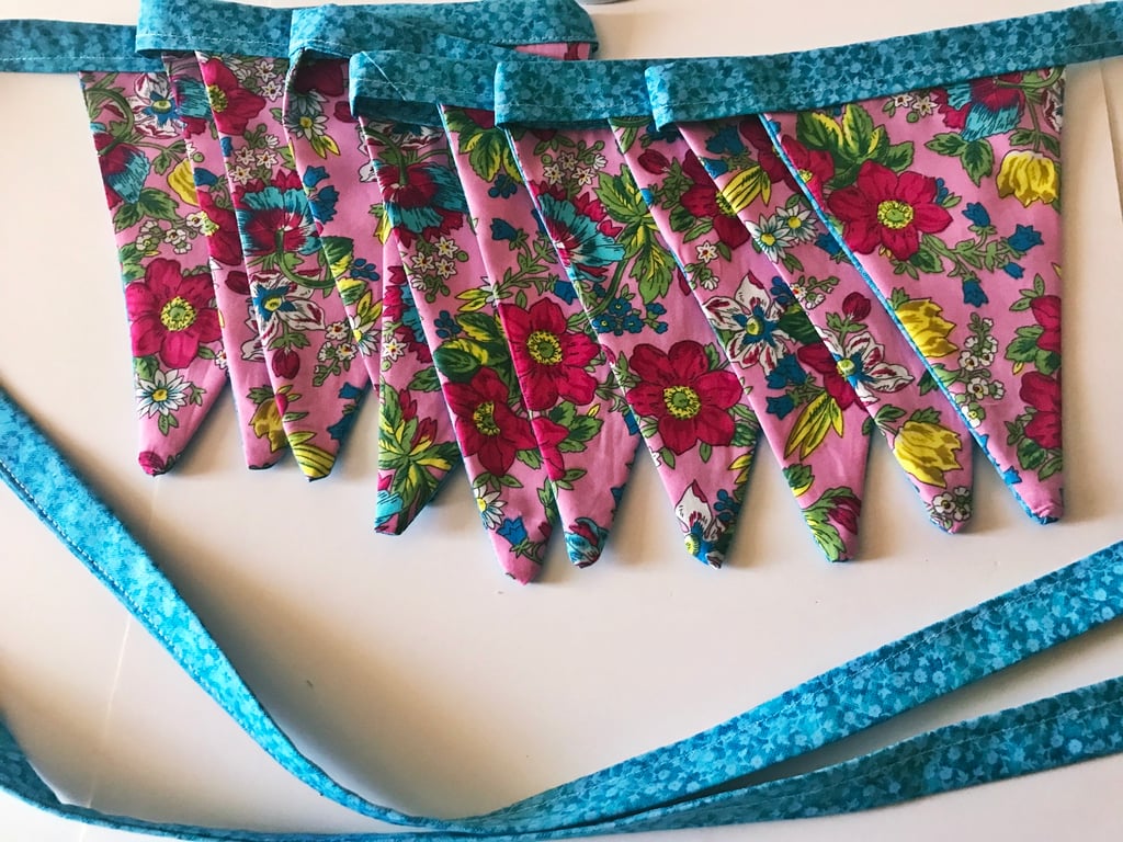Blue and Pink Floral Cotton Bunting double sided 11 flags, 3 metres