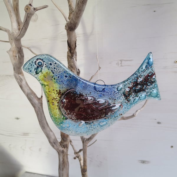 Blue Hanging Dove Suncatcher Ornament - Dove of Peace - Fused Glass - Picasso
