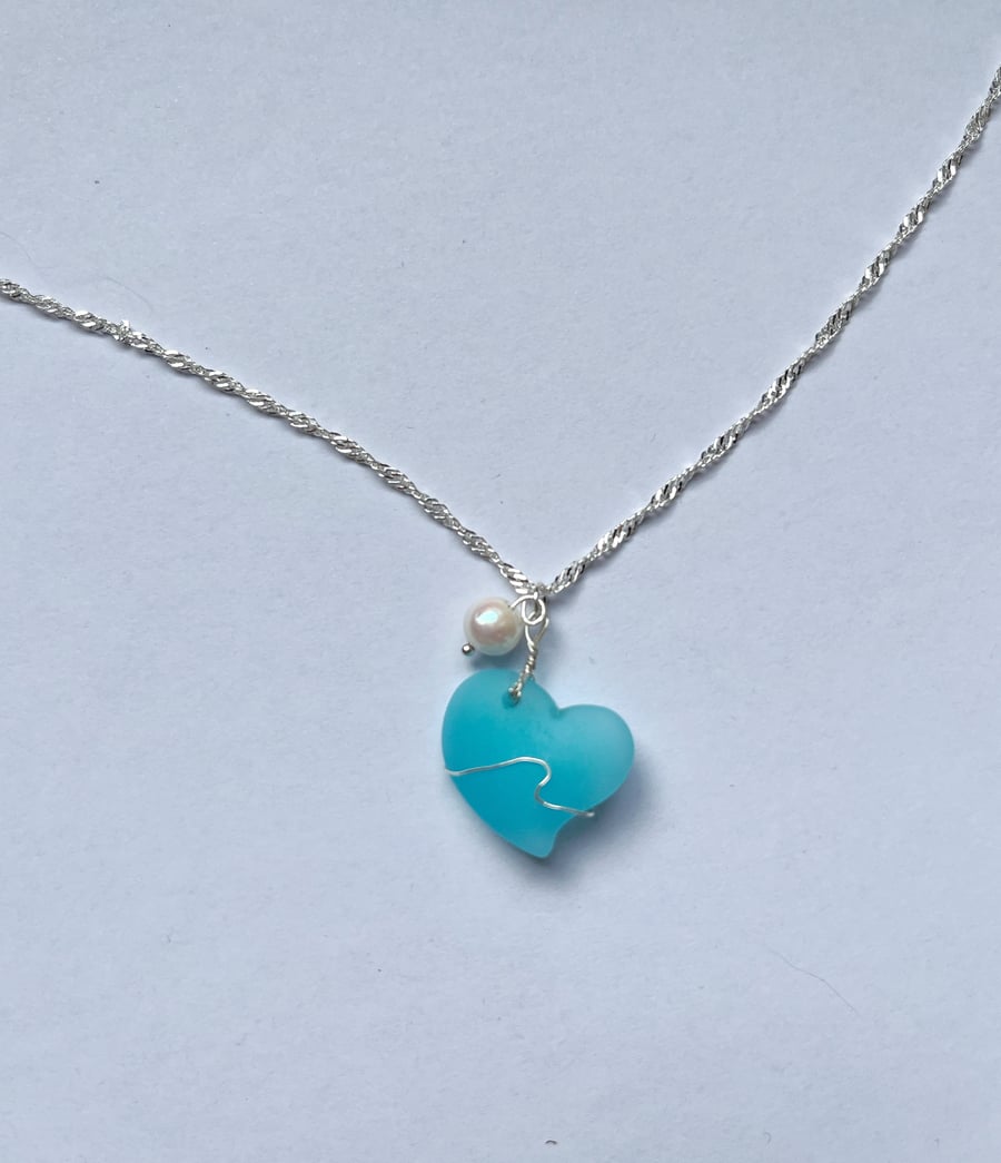 Heart of Waves, Cultured Sea Glass 925 Silver Necklace