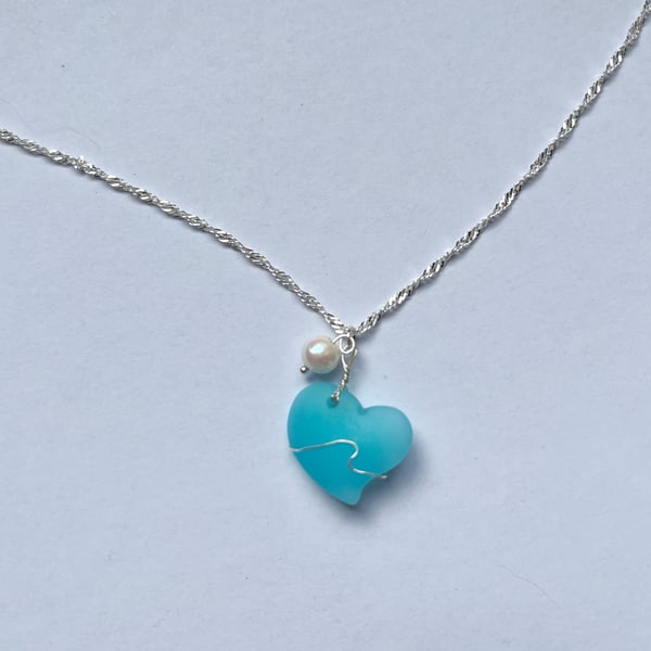 Heart of Waves, Cultured Sea Glass 925 Silver Necklace