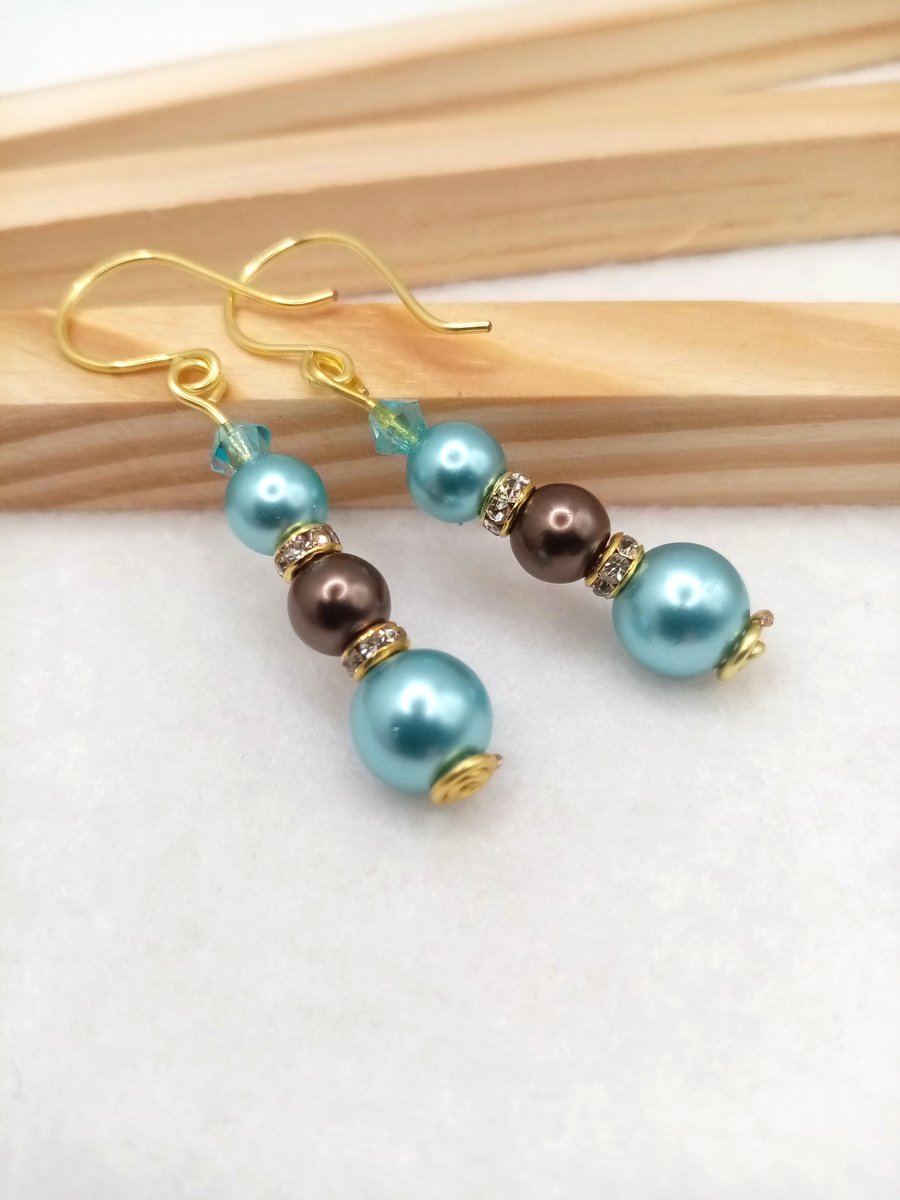 Christmas Bauble Inspired Party Earrings, Ice Blue and Nut Brown Drop Earrings 