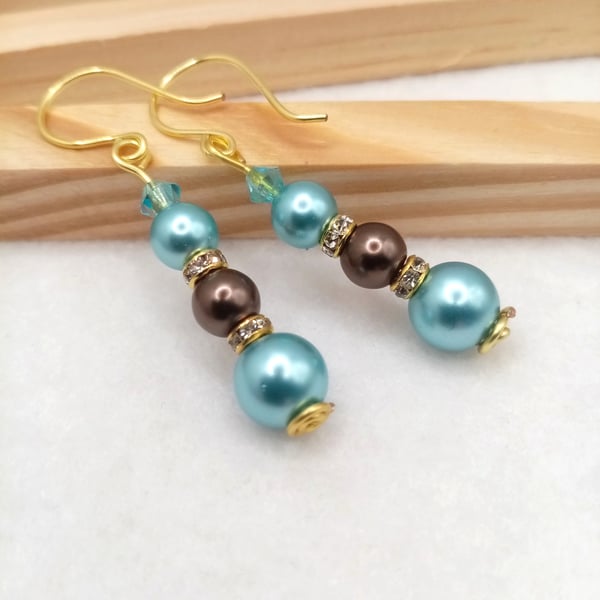 Christmas Bauble Inspired Party Earrings, Ice Blue and Nut Brown Drop Earrings 